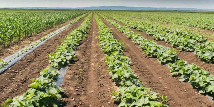 Redovi mladih zelenih usjeva bujaju na sunčanom, otvorenom poljoprivrednom polju, a njihov rast podržavaju proizvodi iz poljoprivredne apoteke. Smeđe tlo leži između redova, s udaljenim drvećem i brdima pod vedrim plavim nebom.